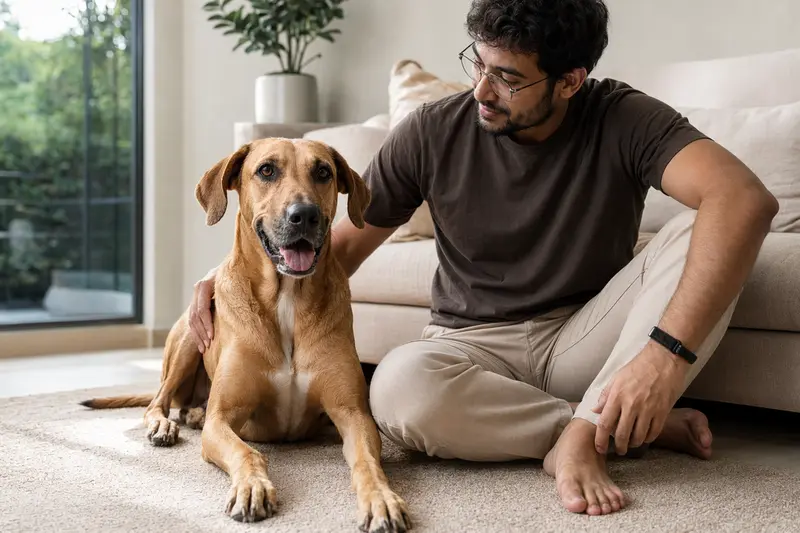 Ein entspannter Rampur Hound sitzt neben seinem Besitzer in einer modernen Wohnung und vermittelt eine vertrauensvolle Atmosphäre.