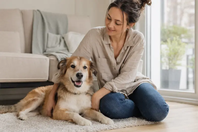 Ein glücklicher Hund sitzt entspannt neben seinem Besitzer in einer hellen Wohnung.