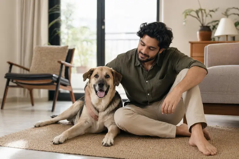 Ein entspannter Rampuri-Hund sitzt neben seinem Besitzer in einer modernen Wohnung.