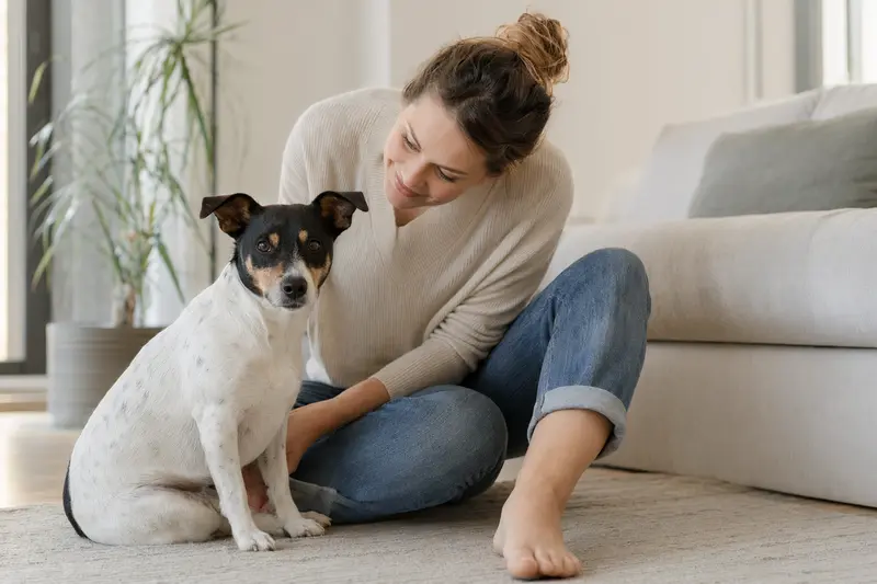 Ein glücklicher Rat Terrier entspannt neben seinem Besitzer in einer hellen Wohnung.