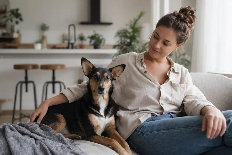 Ein glücklicher Hund sitzt entspannt neben seinem Halter in einer modernen Wohnung.