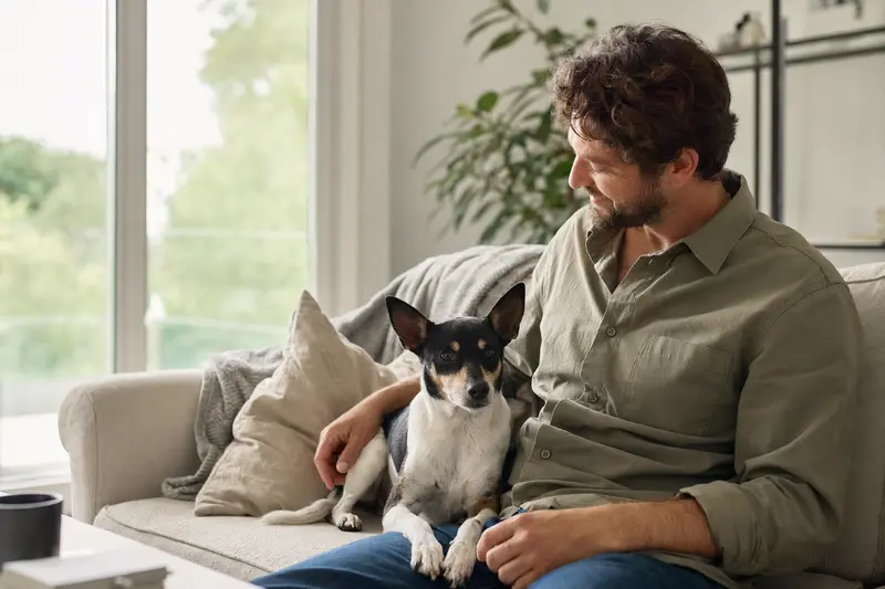 Ein glücklicher Ratonero Bodeguero Andaluz sitzt entspannt neben seinem Besitzer in einer modernen Wohnung.