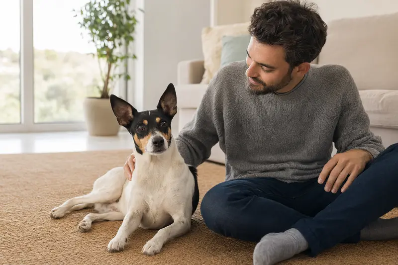 Ein entspannter Ratonero Valenciano sitzt neben seinem Halter in einer modernen Wohnung und genießt die warme Lichtstimmung.