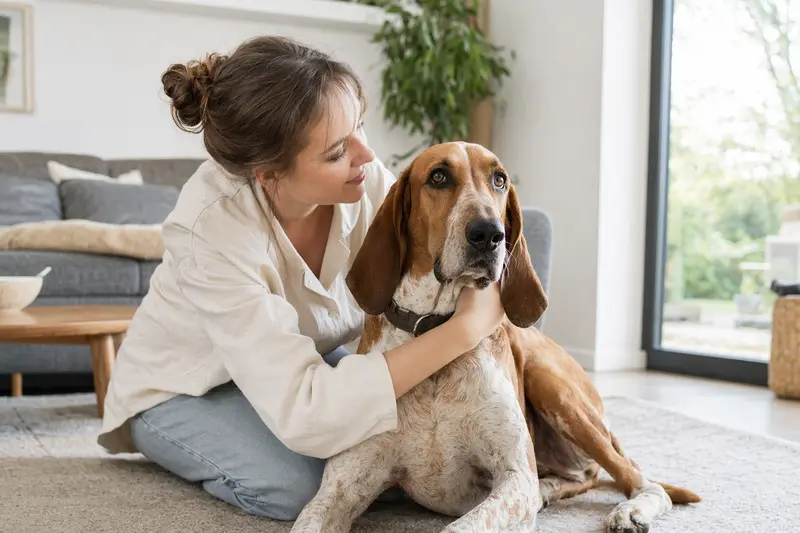 Ein entspannter Redtick Coonhound sitzt neben seinem Halter in einer modernen Wohnung und genießt die vertrauensvolle Atmosphäre.