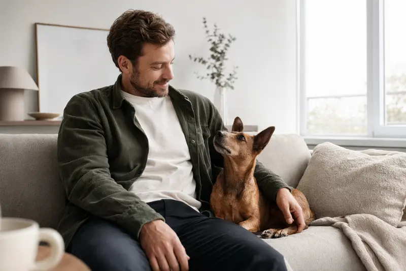 Ein entspannter Rehpinscher sitzt neben seinem Besitzer in einer hellen modernen Wohnung, umgeben von warmem Licht.