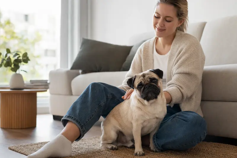 Ein glücklicher Retro-Mops sitzt entspannt neben seinem Halter in einer modernen Wohnung.