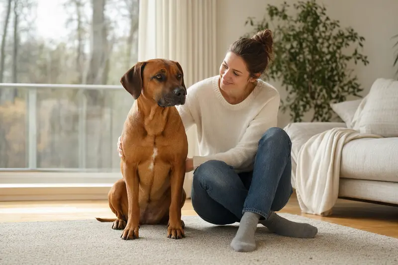 Glücklicher Rhodesian Ridgeback sitzt entspannt neben seinem Besitzer in einer modernen Wohnung und genießt die vertrauensvolle Atmosphäre.