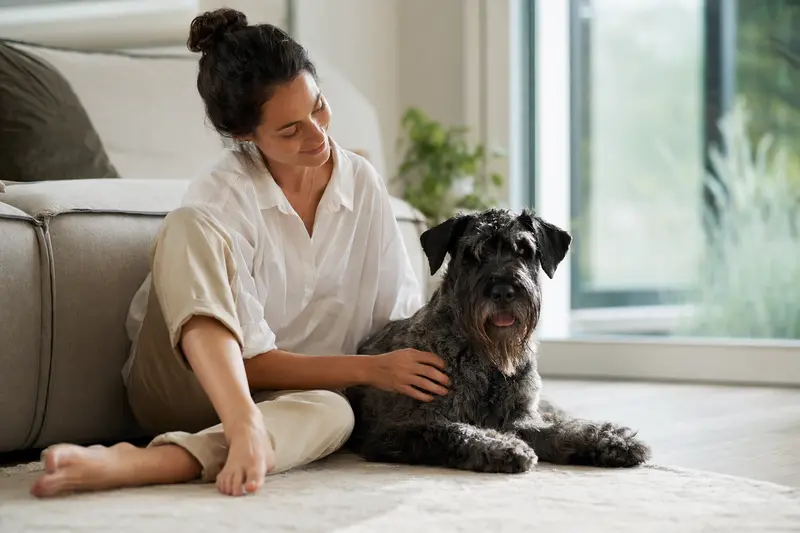 Ein glücklicher Riesenschnauzer sitzt entspannt neben seinem Besitzer in einer hellen, modernen Wohnung.
