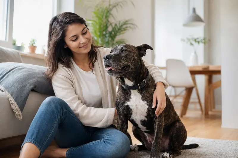 Ein entspannter Römischer Kampfhund sitzt neben seinem glücklichen Halter in einer modernen Wohnung, der warmes Licht durchflutet.