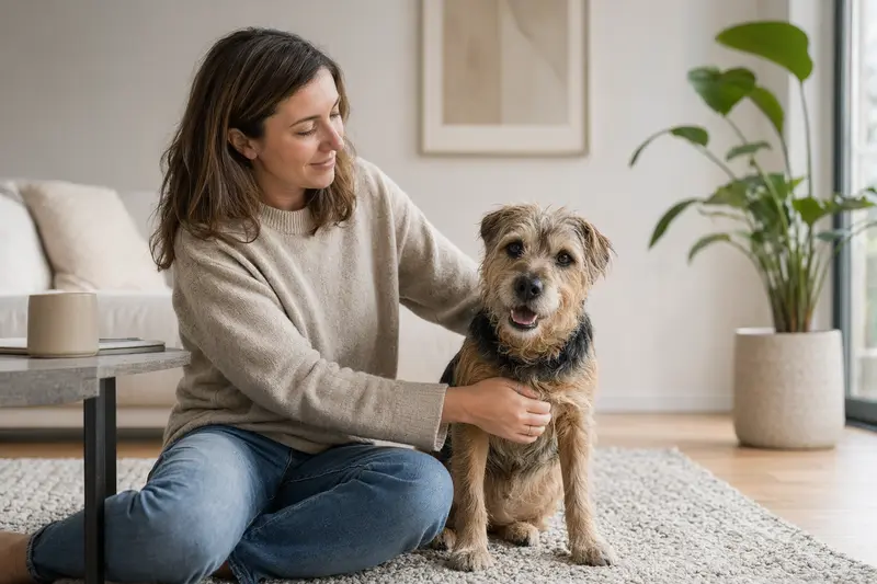Ein glücklicher Roseneath Terrier sitzt entspannt neben seinem Halter in einer modernen Wohnung.