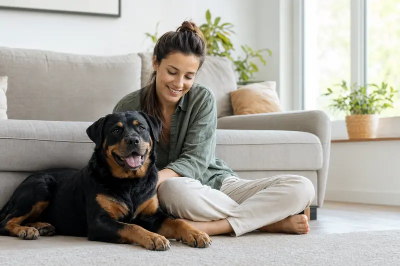 Ein entspannter Rottweiler sitzt neben seinem Besitzer in einer modernen Wohnung und strahlt Freude aus.