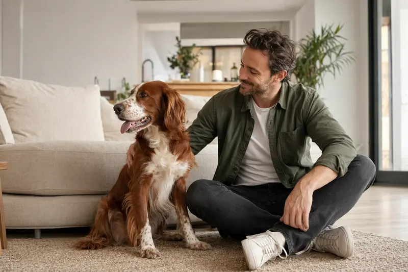 Ein glücklicher Rotweißer Irish Setter sitzt entspannt neben seinem Besitzer in einer hellen Wohnung.