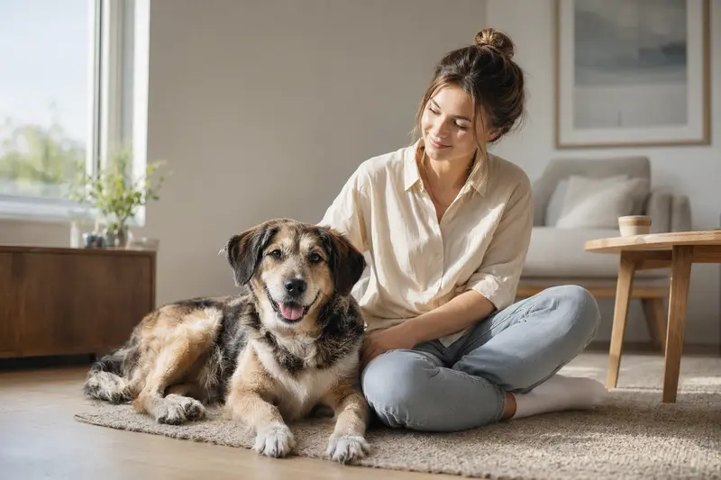 Ein glücklicher Ruby-Hund sitzt entspannt neben seinem Besitzer in einer modernen Wohnung und strahlt Freude aus.