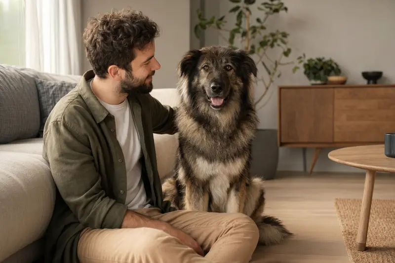 Ein glücklicher Rumaenischer Karpatenschaeferhund sitzt entspannt neben seinem Besitzer in einer modernen Wohnung.