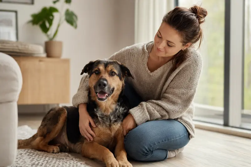 Ein glücklicher Rumänischer Schäferhund sitzt entspannt neben seinem Besitzer in einer modernen Wohnung.
