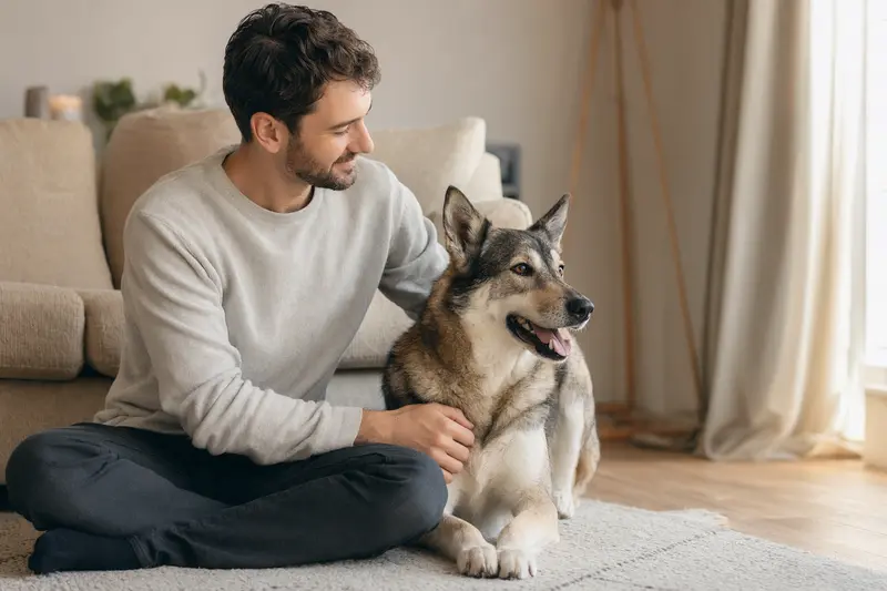 Ein glücklicher Russisch-Europäischer Laika sitzt entspannt neben seinem Besitzer in einer hellen Wohnung.