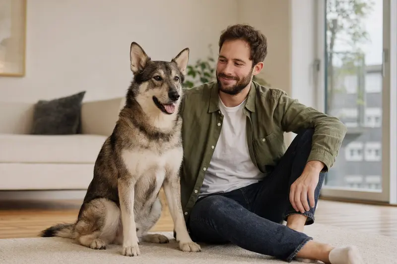 Ein freundlicher Russisch-Europäischer Laika sitzt entspannt neben seinem Besitzer in einer modernen Wohnung.