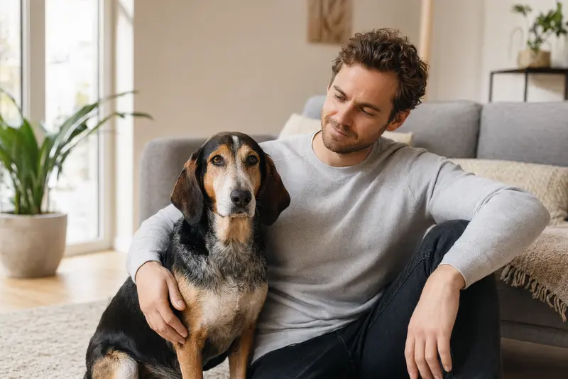 Ein glücklicher Hund, eine Russische Bracke, sitzt entspannt neben seinem Besitzer in einer modernen Wohnung und schafft eine vertraute Atmosphäre.