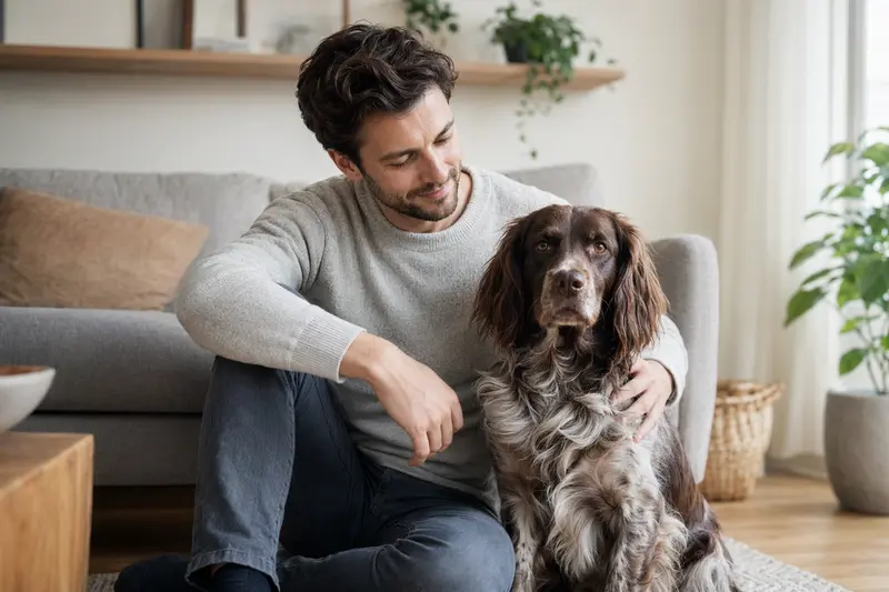 Ein glücklicher Hund, ein Russischer Jagdspaniel, sitzt entspannt neben seinem Halter in einer modernen Wohnung.