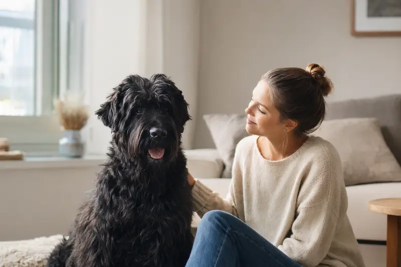 Ein glücklicher Hund sitzt entspannt neben seinem Halter in einer modernen Wohnung.