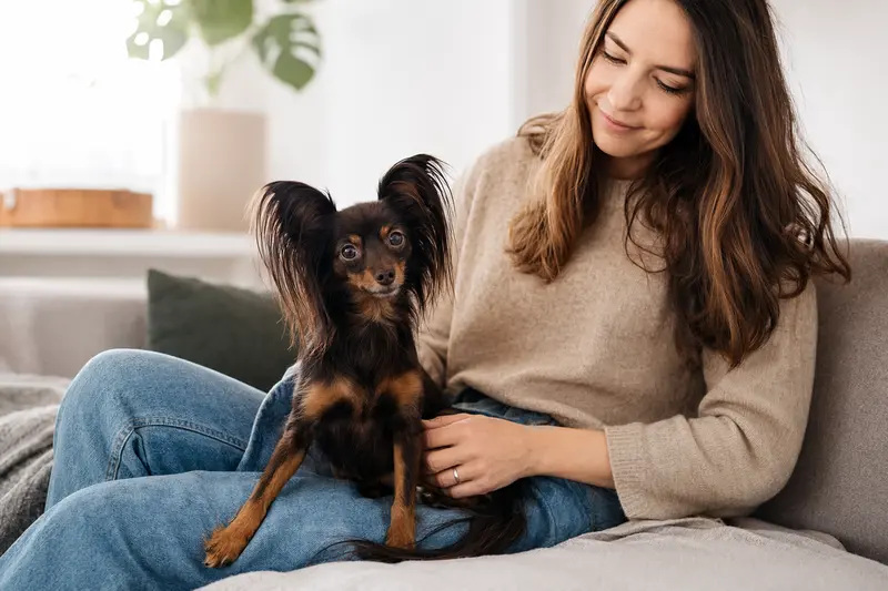 Ein entspannter, gesunder Russischer Toy Hund sitzt neben seinem Halter und genießt das warme Licht in ihrer modernen Wohnung.