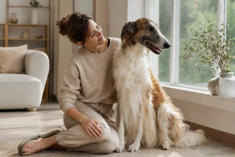 Ein glücklicher Russischer Windhund sitzt entspannt neben seinem Halter in einer hellen modernen Wohnung und vermittelt eine vertrauensvolle Atmosphäre für das Thema Hundekrankenversicherung.