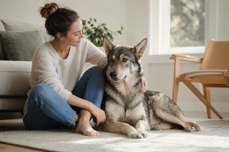Ein entspannter russischer Wolfshund sitzt neben seinem Besitzer in einer modernen Wohnung.