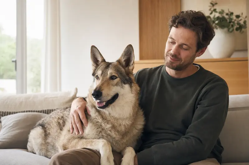 Ein glücklicher Saarlooswolfhund sitzt entspannt neben seinem Besitzer in einer modernen Wohnung.