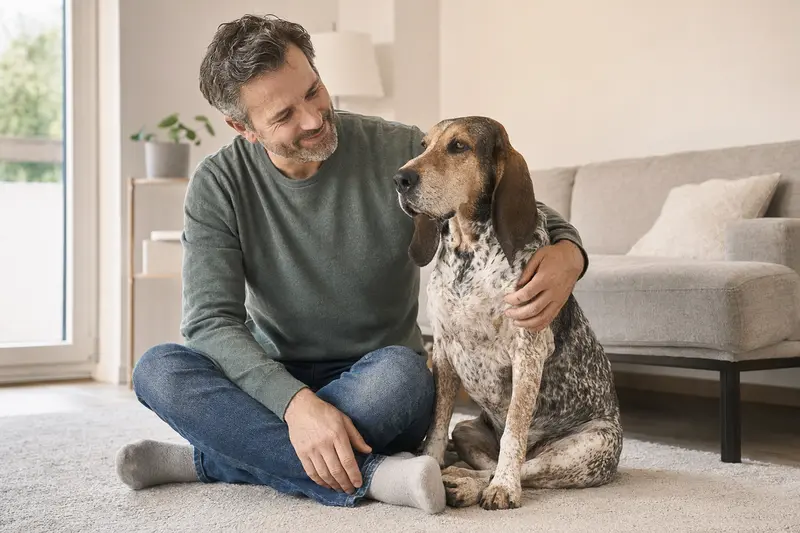 Ein freundlicher Sabueso Espanol sitzt entspannt neben seinem Besitzer in einer modernen Wohnung.