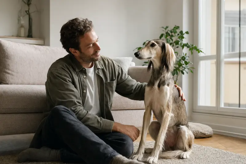 Ein glücklicher Saluki sitzt entspannt neben seinem Besitzer in einer modernen Wohnung und vermittelt eine vertrauensvolle Atmosphäre.