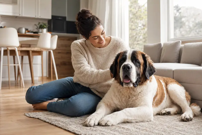 Ein entspannter Sankt Bernhardshund sitzt neben seinem Besitzer in einer hellen Wohnung.