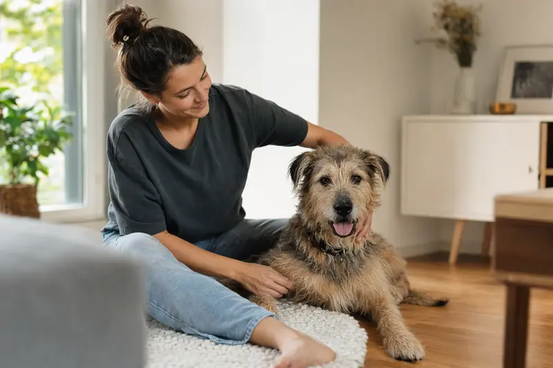 Ein glücklicher Hund sitzt entspannt neben seinem Halter in einer hellen, modernen Wohnung, umgeben von warmem Licht.