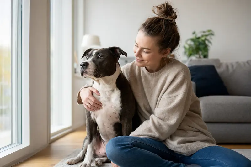 Ein entspannter Staffordshire Bullterrier sitzt neben seinem Besitzer in einer hellen Wohnung und strahlt Zufriedenheit aus.