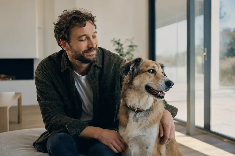 Ein glücklicher Scandinavian Hound sitzt entspannt neben seinem Halter in einer hellen modernen Wohnung und vermittelt Vertrauen sowie Geborgenheit.