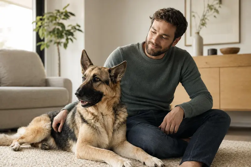 Ein glücklicher Schäferhund sitzt entspannt neben seinem Besitzer in einer hellen, modernen Wohnung.
