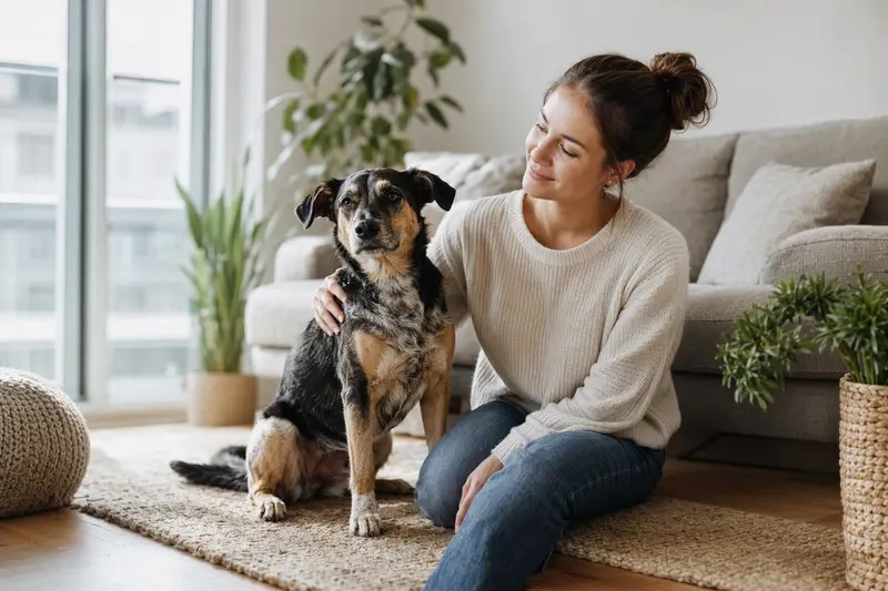 Ein glücklicher Schiller-Laufhund sitzt entspannt neben seinem Besitzer in einer hellen Wohnung und vermittelt eine vertrauensvolle Atmosphäre.