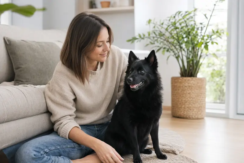Ein entspannter Schipperke sitzt neben seinem glücklichen Halter in einer hellen Wohnung.