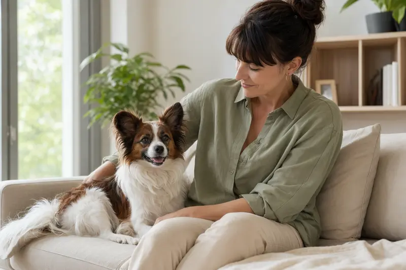 Ein glücklicher Schmetterlingshund sitzt entspannt neben seinem Besitzer in einer modernen Wohnung.