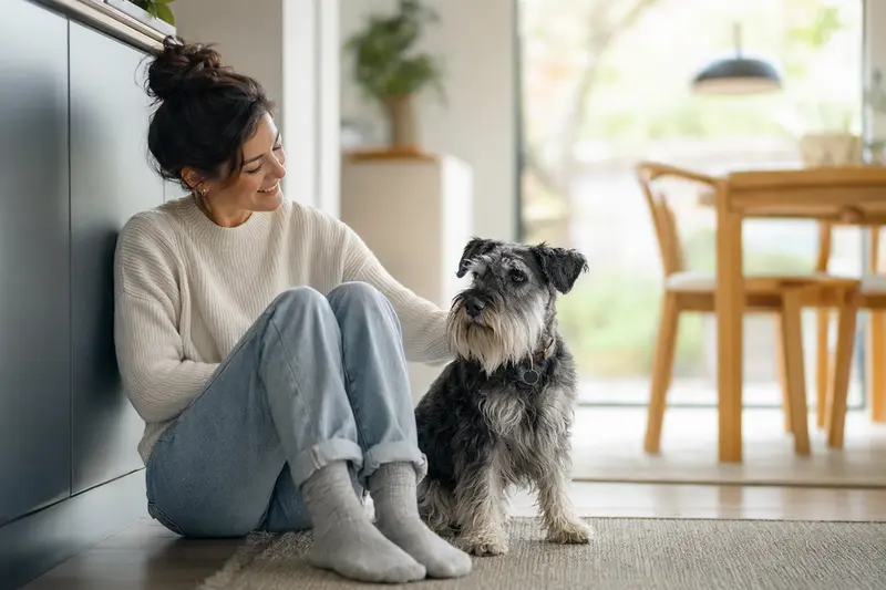 Ein glücklicher Schnauzer sitzt entspannt neben seinem Halter in einer modernen Wohnung, umgeben von warmem Licht.