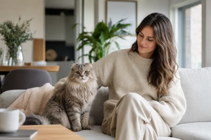 Eine gesunde Schottische Faltohrkatze sitzt entspannt neben ihrem Besitzer in einer modernen Wohnung, umgeben von warmem, natürlichem Licht.