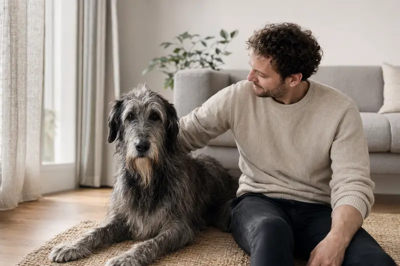 Ein entspannter Schottischer Hirschhund sitzt neben seinem glücklichen Besitzer in einer modernen Wohnung.