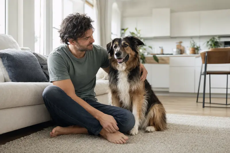 Ein gesunder Schottischer Schäferhund sitzt entspannt neben seinem Besitzer in einer modernen Wohnung.