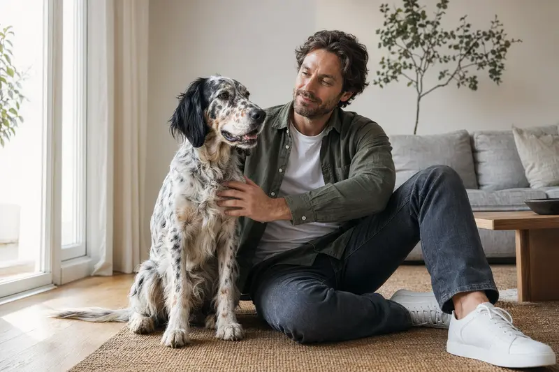 Glücklicher Schottischer Setter sitzt entspannt neben seinem Besitzer in einer hellen Wohnung als Hero-Bild zur Hundekrankenversicherung.