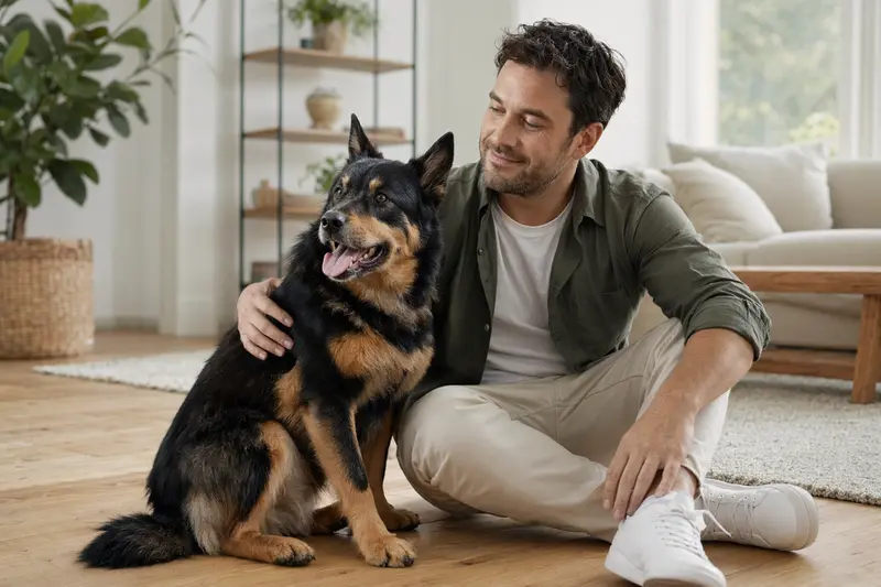 Ein glücklicher Schwarz-roter Waschbärenhund sitzt entspannt neben seinem Besitzer in einer modernen Wohnung.
