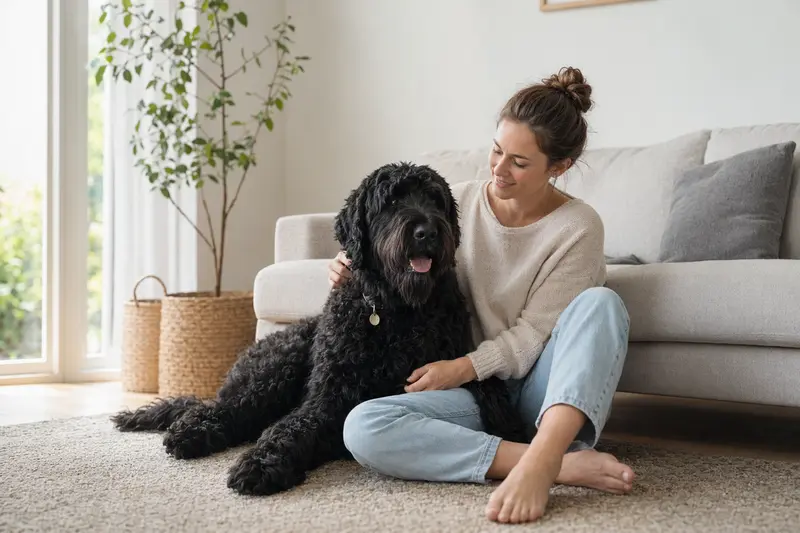 Ein zufriedener Schwarzer Russischer Terrier sitzt entspannt neben seinem Besitzer in einer modernen Wohnung.