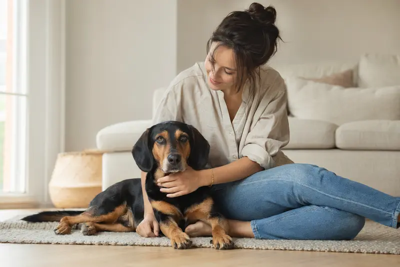 Ein glücklicher Hund, ein Schwarzwildbracke, sitzt entspannt neben seinem Besitzer in einer hellen Wohnung und strahlt Vertrauen aus.