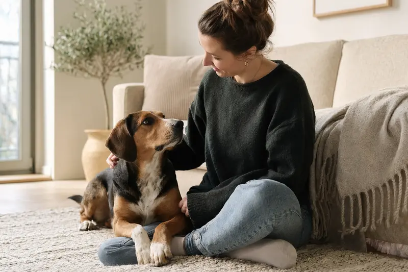 Ein glücklicher Hund, eine schwedische Dachsbracke, sitzt entspannt neben seinem Besitzer in einer modernen Wohnung.