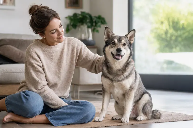 Ein glücklicher Schwedischer Elchhund sitzt entspannt neben seinem Besitzer in einer hellen Wohnung und strahlt Wohlbefinden aus.
