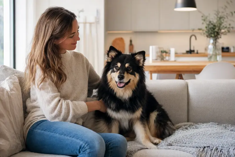 Ein gesunder Schwedischer Lapphund sitzt entspannt neben seinem Besitzer in einer modernen Wohnung.