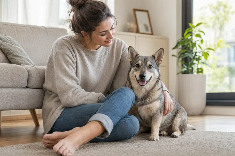 Ein gesunder Schwedischer Vallhund sitzt entspannt neben seinem Besitzer in einer hellen Wohnung.